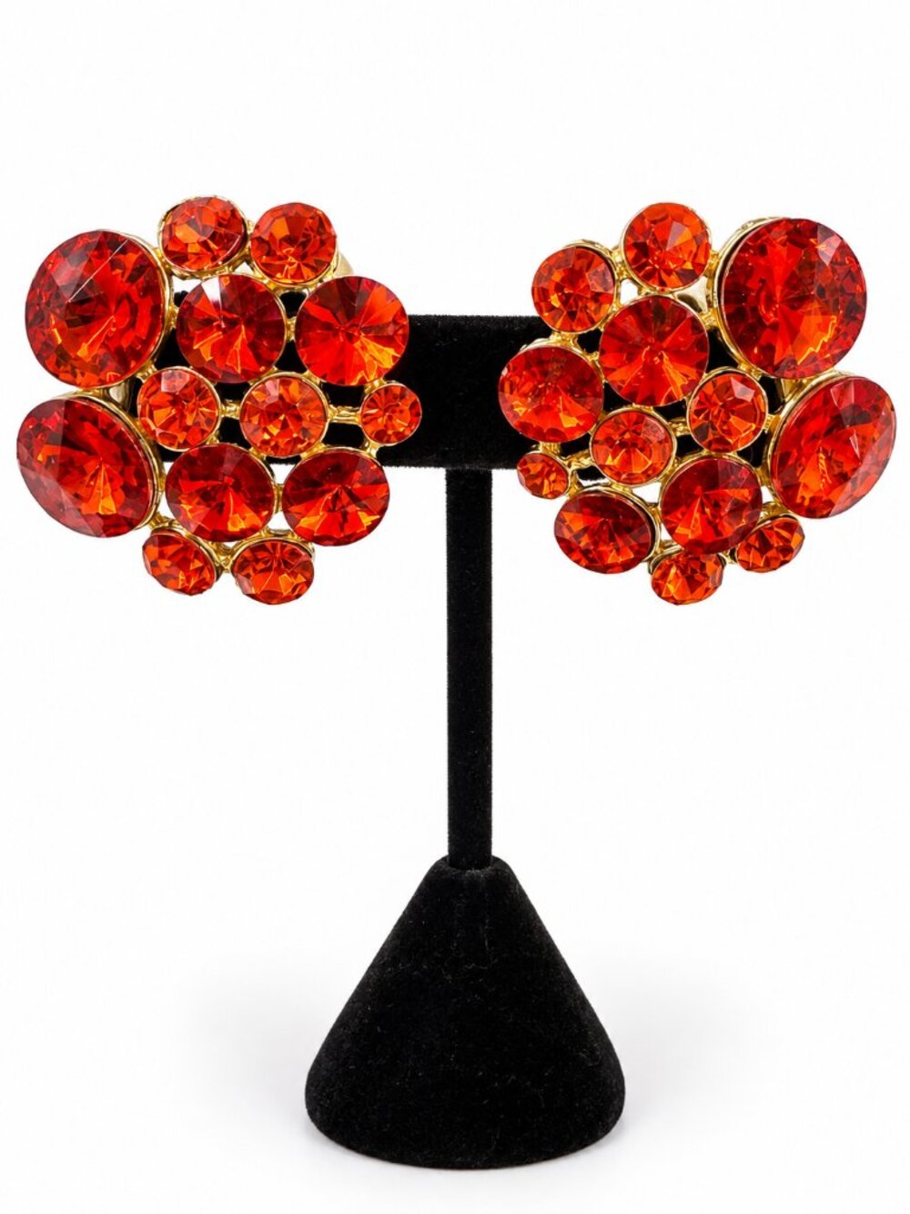 Vintage Orange Red Rhinestone Cluster Clip-On Earrings Gold Tone